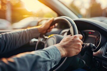 Close up of male hands on steering wheel of a car driving on the road