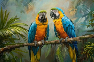 Two Blue and Yellow Macaws Perched on a Branch