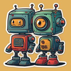 Fototapeta premium Retro Robot Buddies with Happy Faces