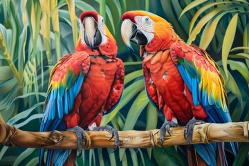 Obraz premium Two Scarlet Macaws Perched on a Branch in a Lush Tropical Setting