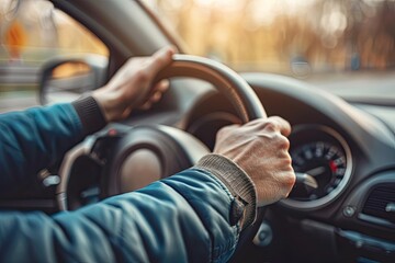 Close up of male hands on steering wheel of a car driving on the road