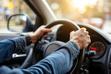 Naklejka premium Close up of male hands on steering wheel of a car driving on the road