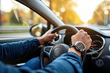 Close up of male hands on steering wheel of a car driving on the road