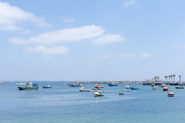 Obraz premium Fishing boats floating in the fish port of Cascais,Cascais municipality, Portugal