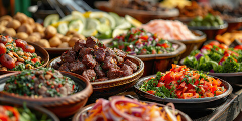 Fototapeta premium An array of colorful, fresh dishes displayed at a bustling outdoor food market, featuring vegetables, meats, and garnishes.