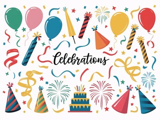 Colorful Celebration Objects on White Background