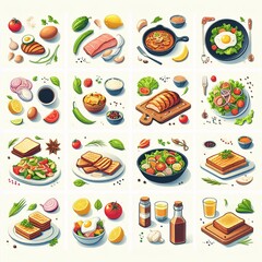 Food Illustrations with Ingredients (Flat Design)  on White Background