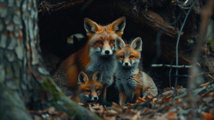 Group of Fox Cubs Snuggled with Their Mother in a Woodland Den, Capturing a Tender Moment of Familial Warmth and Shelter in the Wilderness