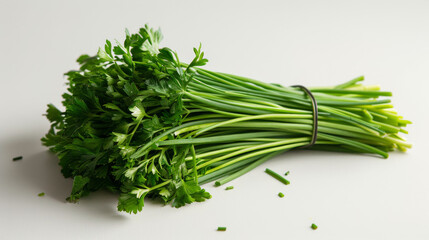 Organic vegetables, green leaves, placed on a white background.