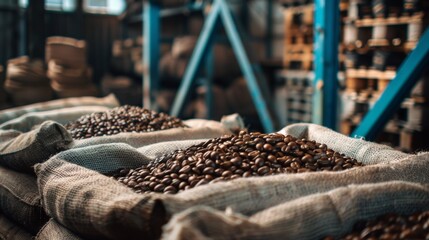 Sacks filled with coffee beans in a warehouse