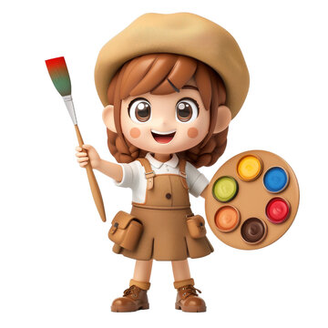 recommend clip art: 3D cartoon girl artist with paintbrush and palette wearing brown hat and overalls on transparent background clipart