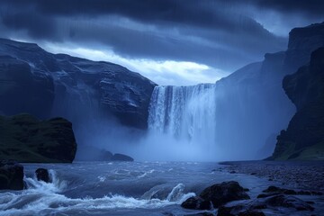 Fototapeta premium Stormy blue hour landscape of majestic Grand Canyon with dramatic clouds and rays of light