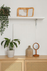 Painting with plant and vase on commode in living room