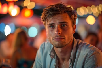 Fototapeta premium Single man, speed dating event, nervous expression, medium shot, lively background, dating pressure, bright lighting, candid shot, social tension.,