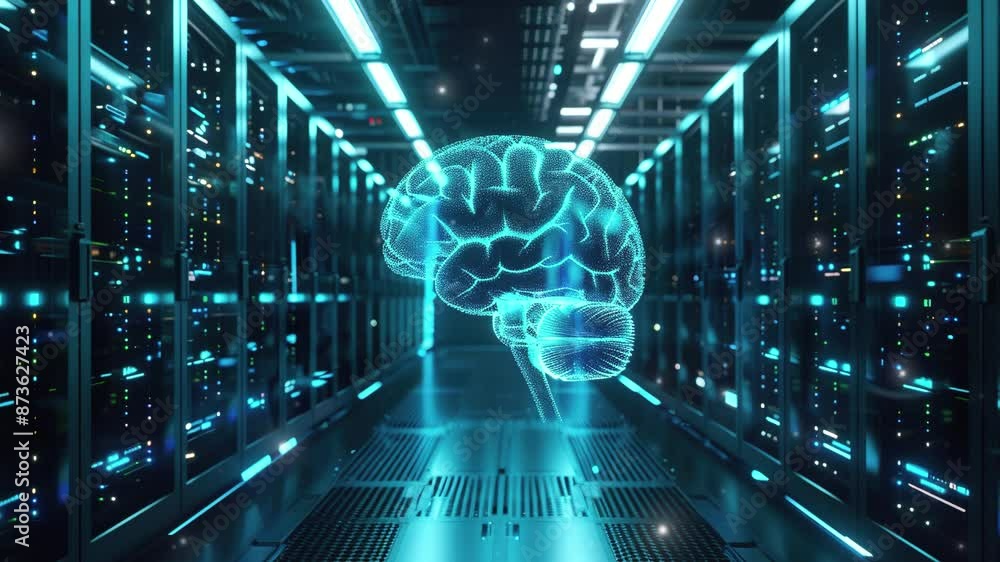 Poster brain futuristic technology background. 3d render of a glowing brain inside a server room with a dat