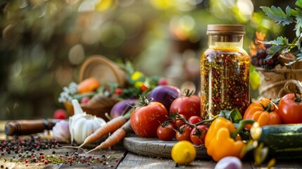 Colorful fresh vegetables and spices in an outdoor setting