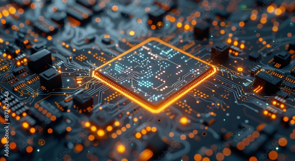 Poster close up of a microchip on a circuit board with glowing lights
