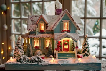 Fototapeta premium Illuminated festive miniature house with snow details set against a snowy window backdrop