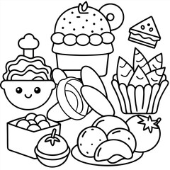 group cartoon colouring sheet of food items and dishes.
