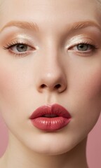 Naklejka premium albino woman with delicate makeup, pink lips, golden eye shadow and long eyelashes creating an elegant and stylish look highlighting natural beauty, concept of makeup and beauty themes, skin care