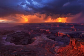 Fototapeta premium Stormy blue hour landscape of majestic Grand Canyon with dramatic clouds and rays of light