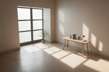 Fototapeta premium Minimalist workspace with wooden desk in sunlight streaming through large window
