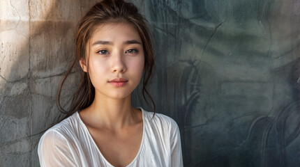 Fototapeta premium Outdoor portrait of a beautiful Asian model with loosely combed hair wearing a white top. Copy space.