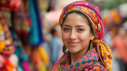 Fototapeta premium A woman smiling at the camera, wearing vibrant traditional clothing, with a colorful background, representing cultural heritage and joy.