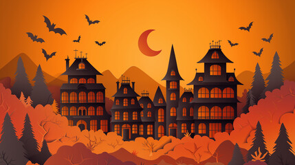 ハロウィンの月夜に怪しくシルエットで浮かぶ洋館とコウモリのレイヤードペーパー風リアルイラスト