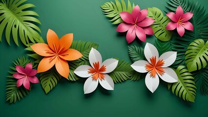 Tropical paper flowers and leaves on a green background.