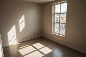 Obraz premium Room with hardwood floors in sunlight streams through large window with long shadows on walls