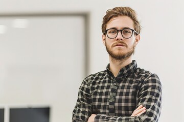 Fototapeta premium Portrait of Smiling Young Professional Web Developer Working in Colorful Studio Generative AI