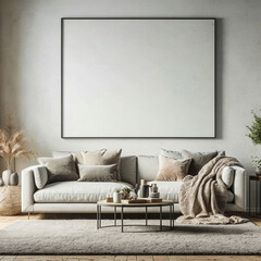 A simply designed living room with a large wall is perfect for showcasing wall art.