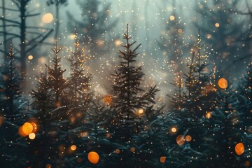 Magical winter backdrop featuring pine trees amidst a glowing, misty atmosphere