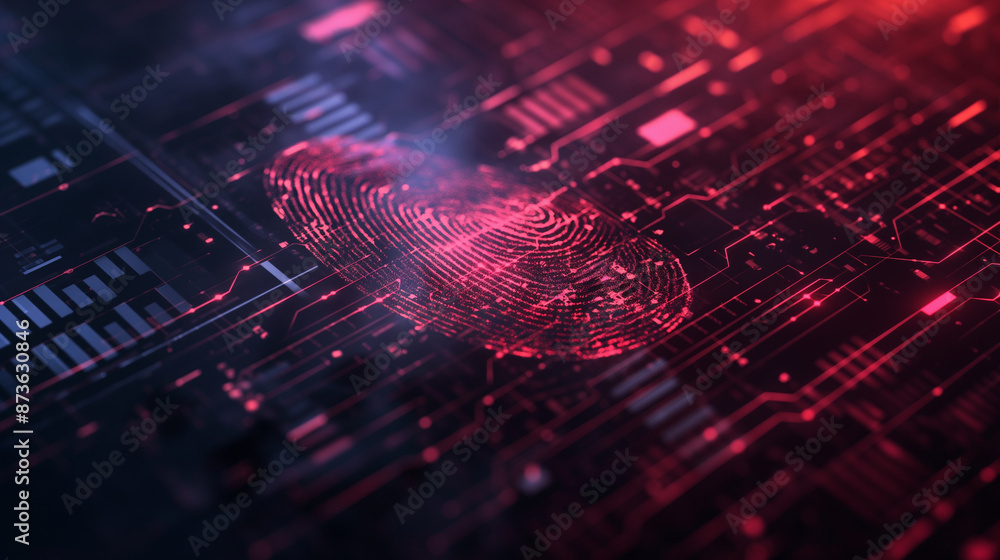 Poster digital data protection cyber security with fingerprint biometric encryption, internet network conne