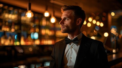 Fototapeta premium Single man, dressed up, waiting at bar, side angle shot, evening light, dating anticipation, vibrant nightlife, emotional undertones, high contrast.,