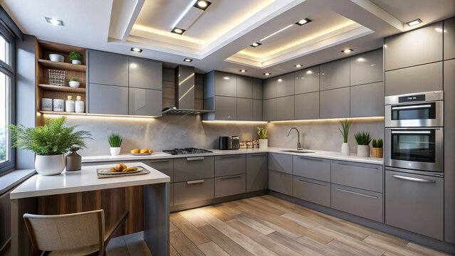 Modern small kitchen with elegant false ceiling design featuring recessed lighting and sleek gray cabinets against crisp white walls.