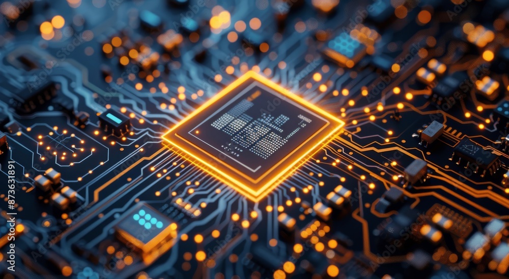 Poster close up of a microchip on a circuit board with glowing lights