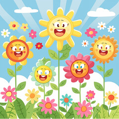 Naklejka premium Smiling cartoon flowers under a sunny sky, exuding happiness and positivity in a cheerful and colorful outdoor garden setting