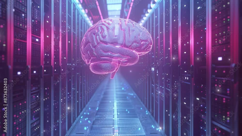 Poster brain futuristic technology background. 3d render of a glowing brain inside a server room with a dat