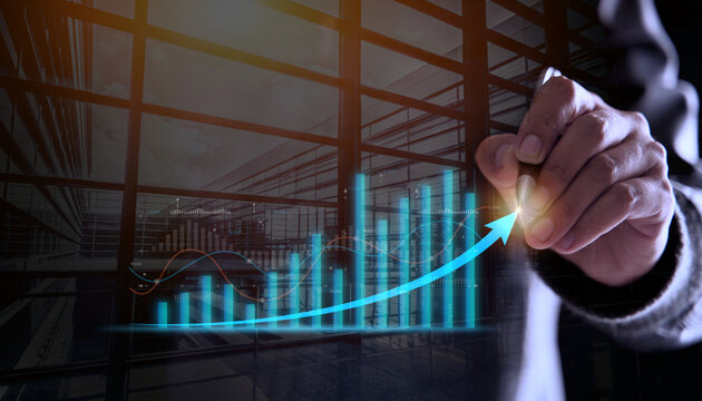 double exposure Arrow for growth strategy drawn for business analysis report graph. Financial plans and strategies for business development, including success goals and strategies for business growth.