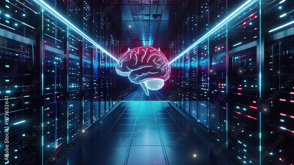 Poster brain futuristic technology background. 3d render of a glowing brain inside a server room with a dat