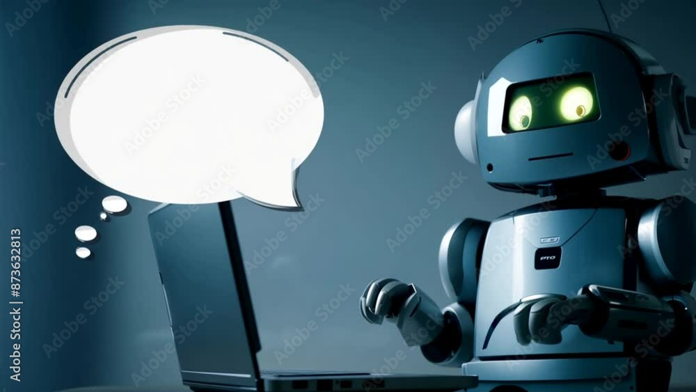 Poster robot working on laptop in dark room generative ai