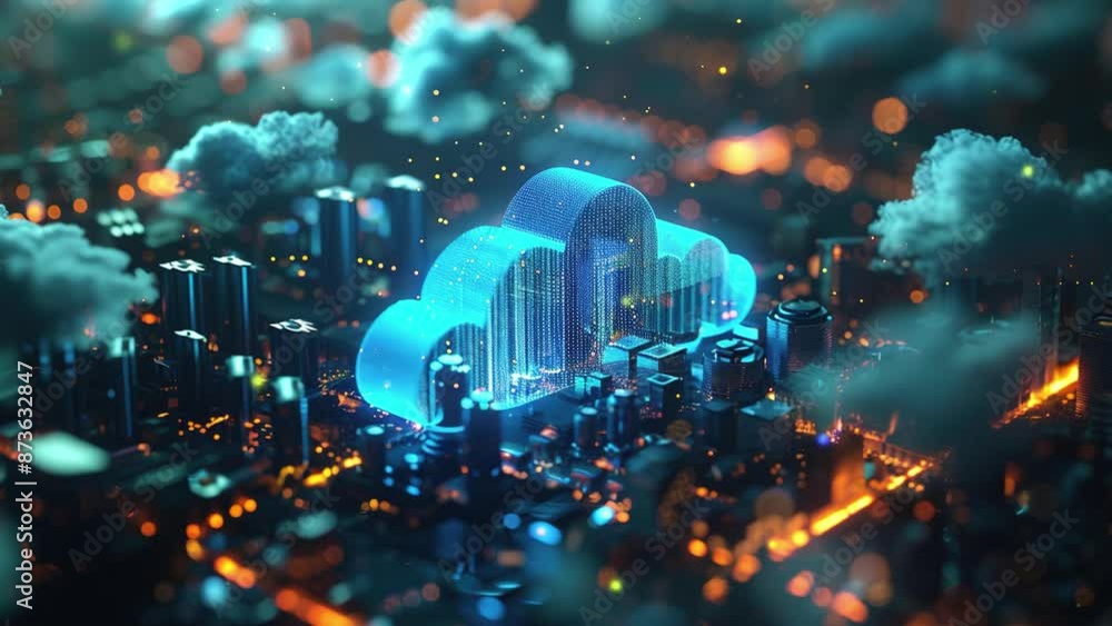 Poster a cloud technology with isometric icons on circuit board. technology using cloud computing on a city