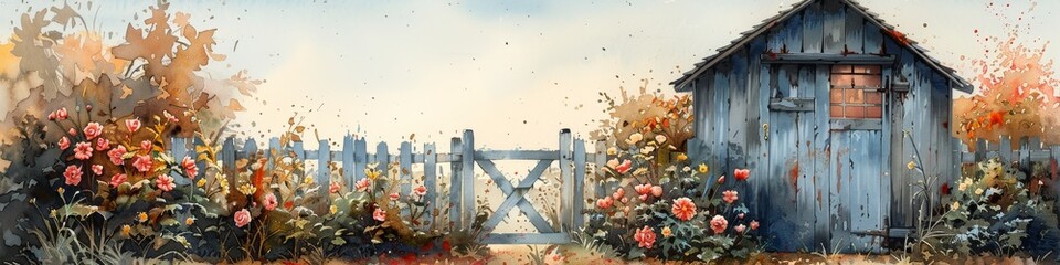 A cute cottage with a gate and garden. 