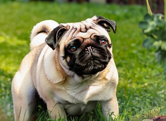 pug in garden in sunny day. High quality photo