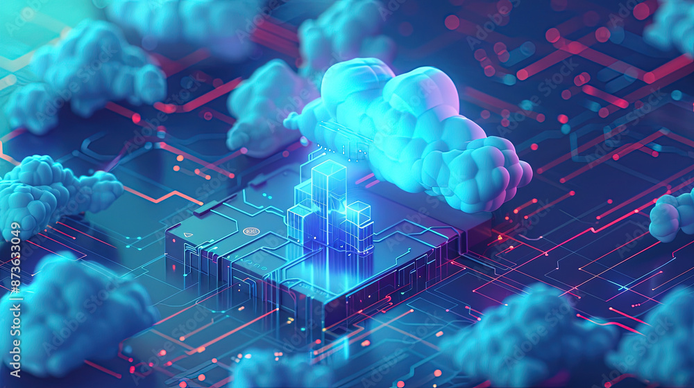 Poster a cloud technology with isometric icons on circuit board. technology using cloud computing on a city