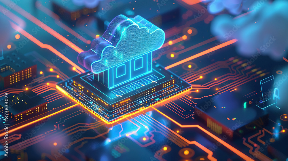 Poster a cloud technology with isometric icons on circuit board. abstract futuristic digital network connec