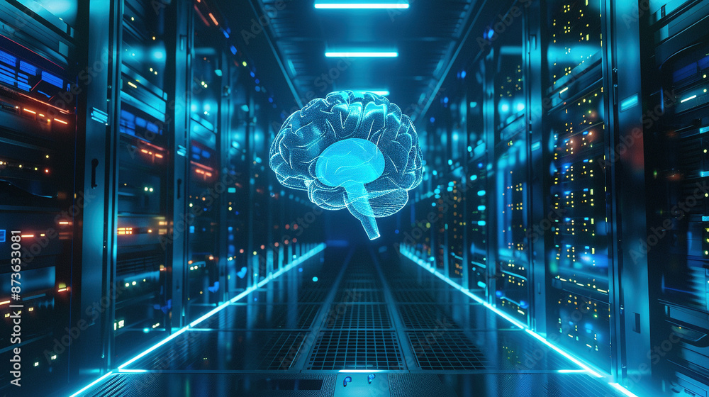 Poster brain futuristic technology background. 3d render of a glowing brain inside a server room with a dat
