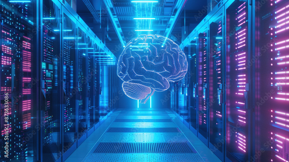 Poster brain futuristic technology background. 3d render of a glowing brain inside a server room with a dat